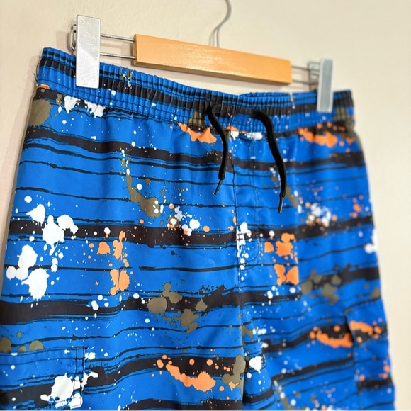 Blue & Orange Paint Splatter Striped Kids Swim Trunks w Mesh Lining - Picture 3 of 12